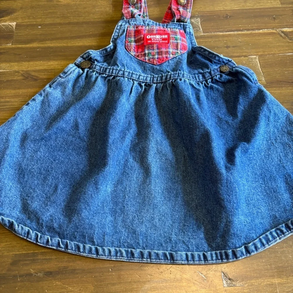 Oshkosh B’gosh American Vintage Cotton Denim Overall Dress Plaid Bow Toddler 4